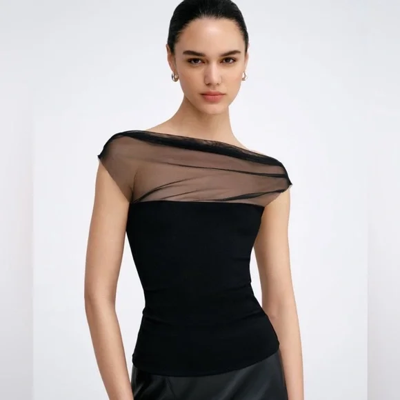 Marcella NYC Cabrini Top European Ponte & Mesh Drape Top Medium - Picture 2 of 16